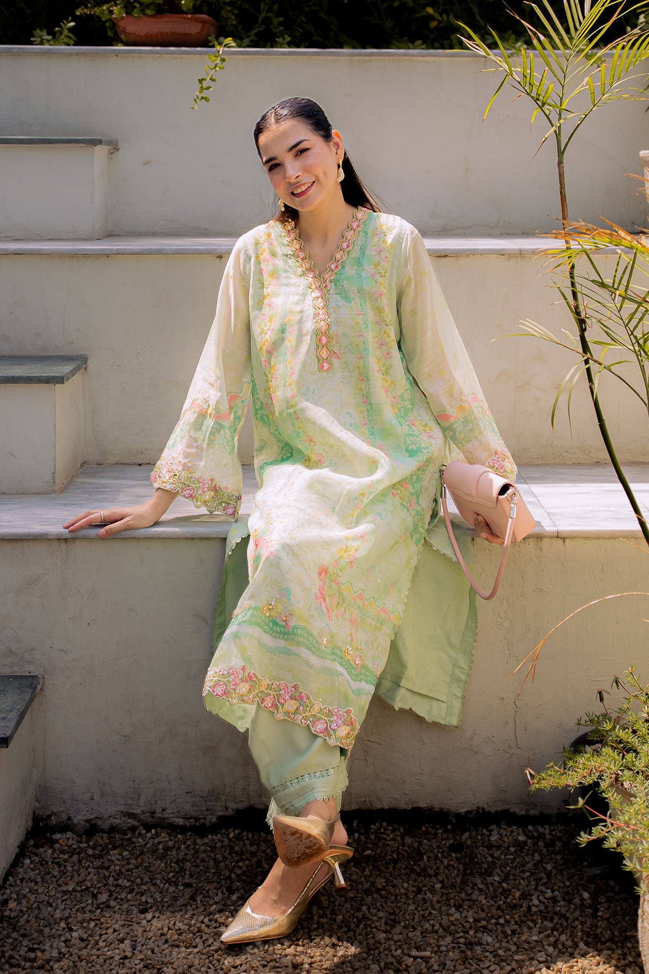 FW25DA-2859 GREEN 2PCS  EMBROIDERED KURTA WITH TROUSER