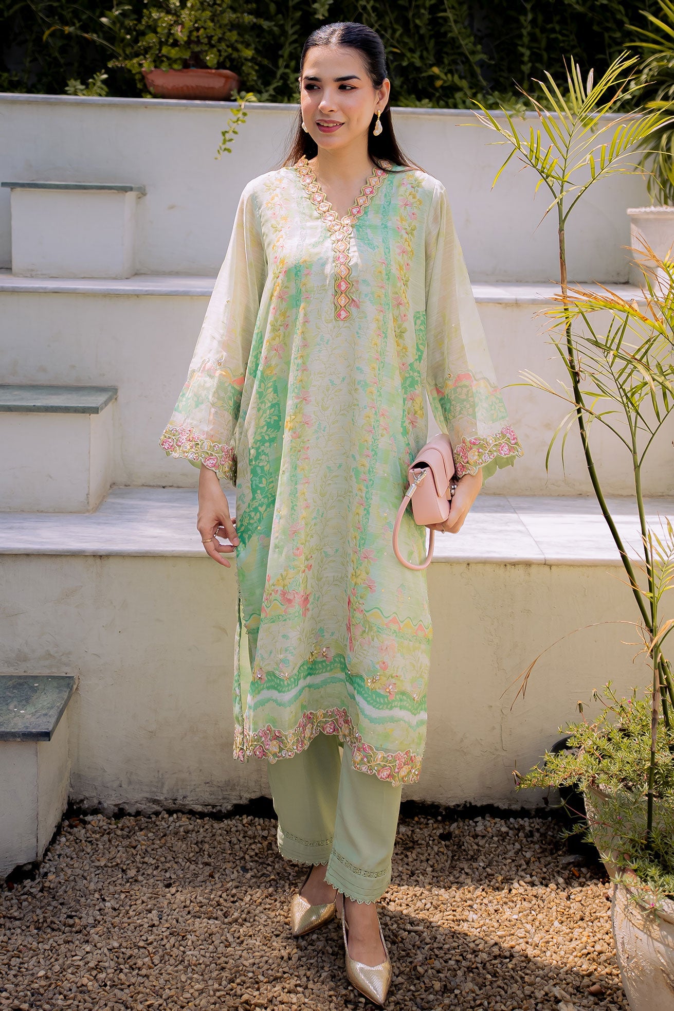 FW25DA-2859 GREEN 2PCS  EMBROIDERED KURTA WITH TROUSER