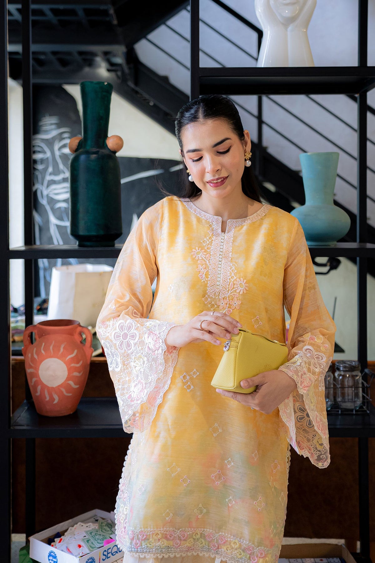 FW25DA-2863 YELLOW 2PCS  EMBROIDERED KURTA WITH TROUSER
