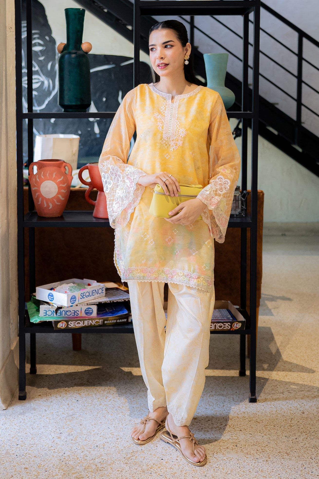 FW25DA-2863 YELLOW 2PCS  EMBROIDERED KURTA WITH TROUSER