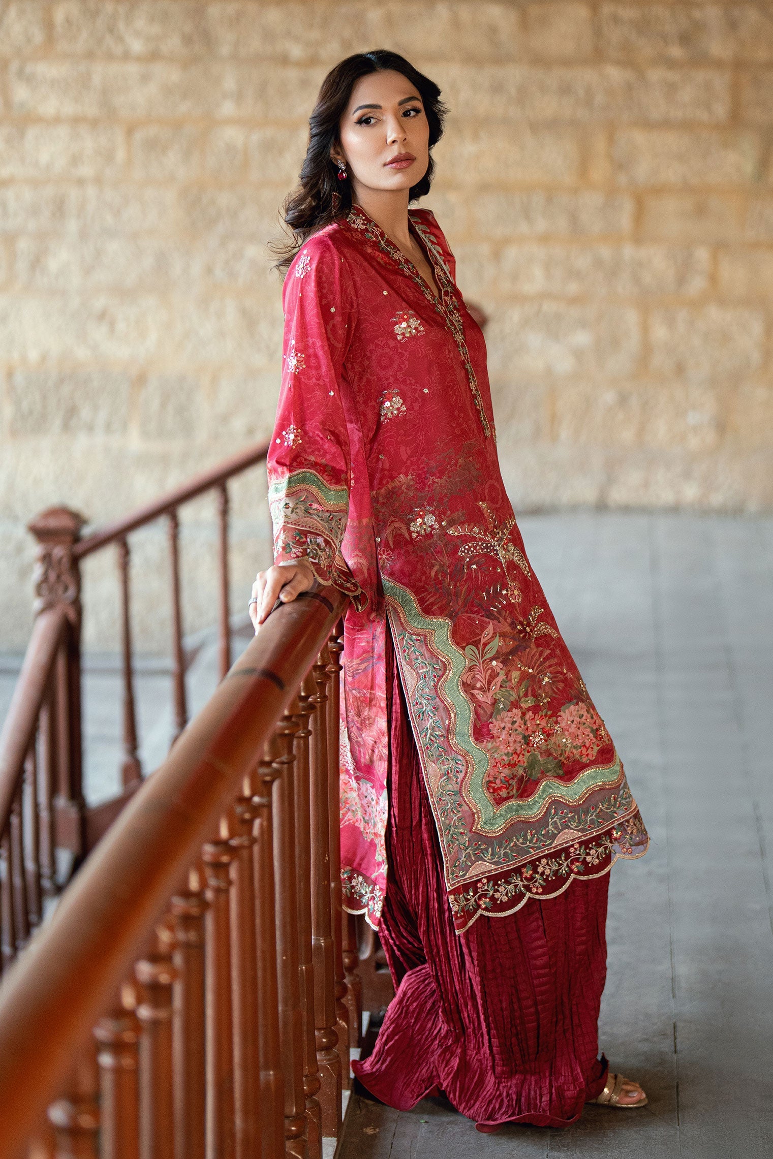 SS26DA-2895 RED 2PCS HAND EMBELLISHED KURTA WITH TROUSER