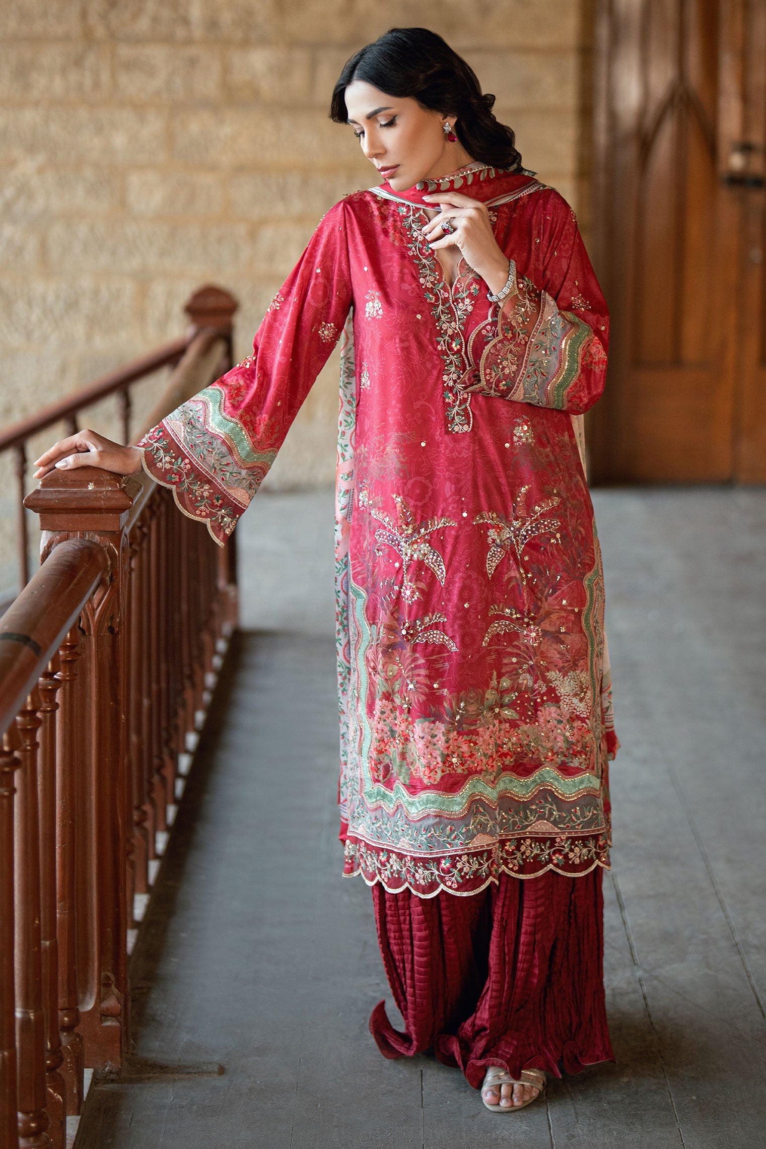 SS26DA-2895 RED 2PCS HAND EMBELLISHED KURTA WITH TROUSER
