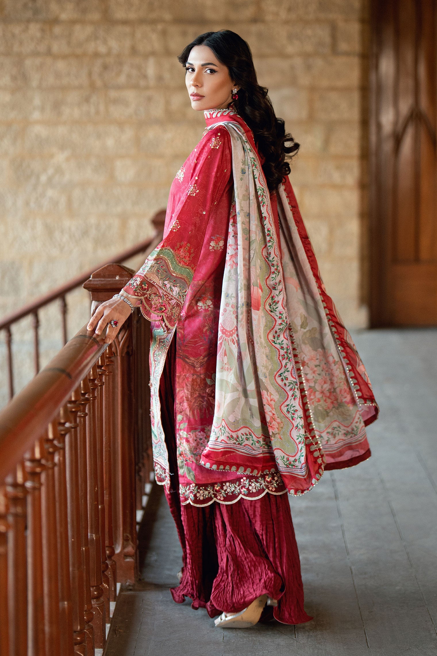 SS26DA-2895 RED 2PCS HAND EMBELLISHED KURTA WITH TROUSER