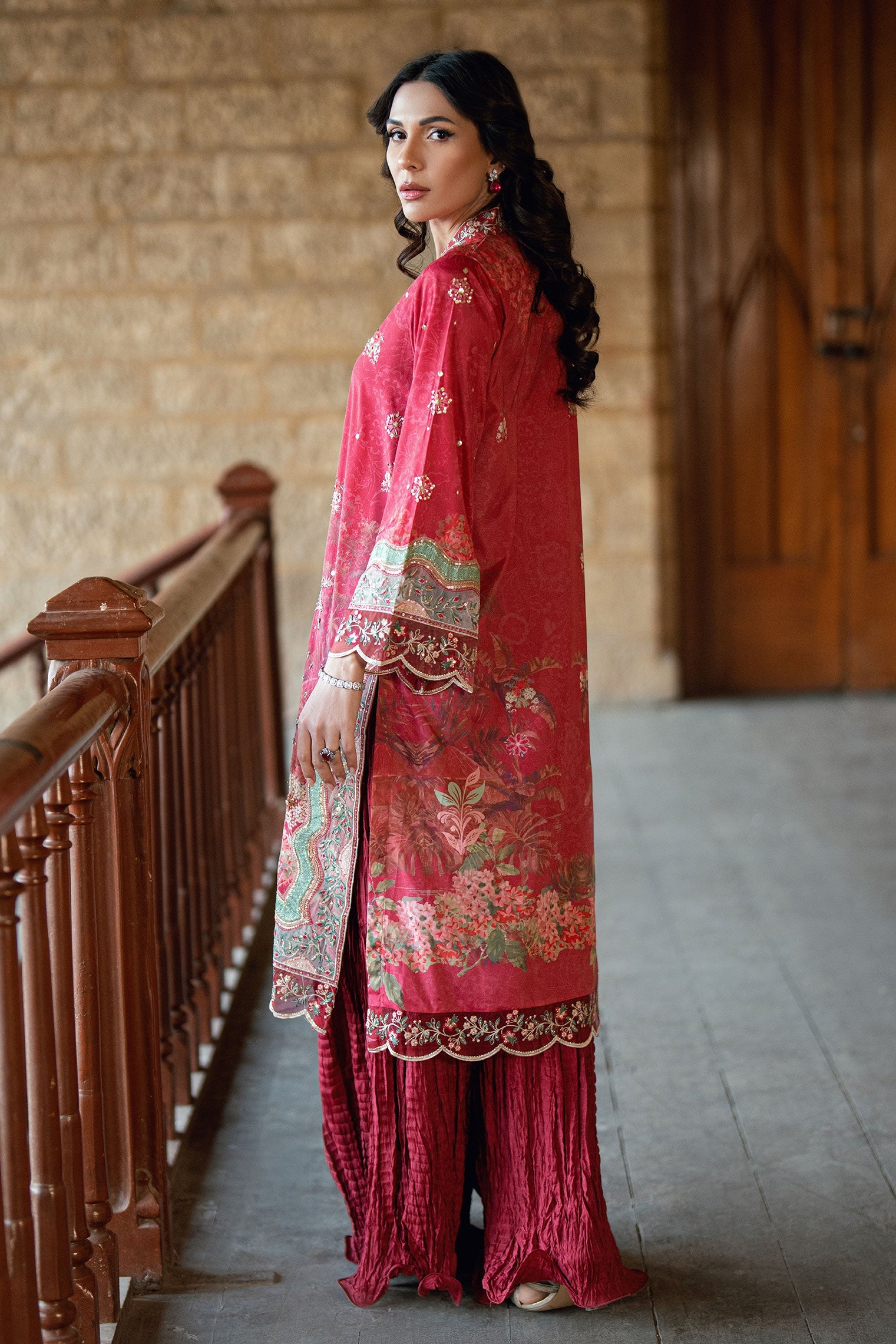 SS26DA-2895 RED 2PCS HAND EMBELLISHED KURTA WITH TROUSER