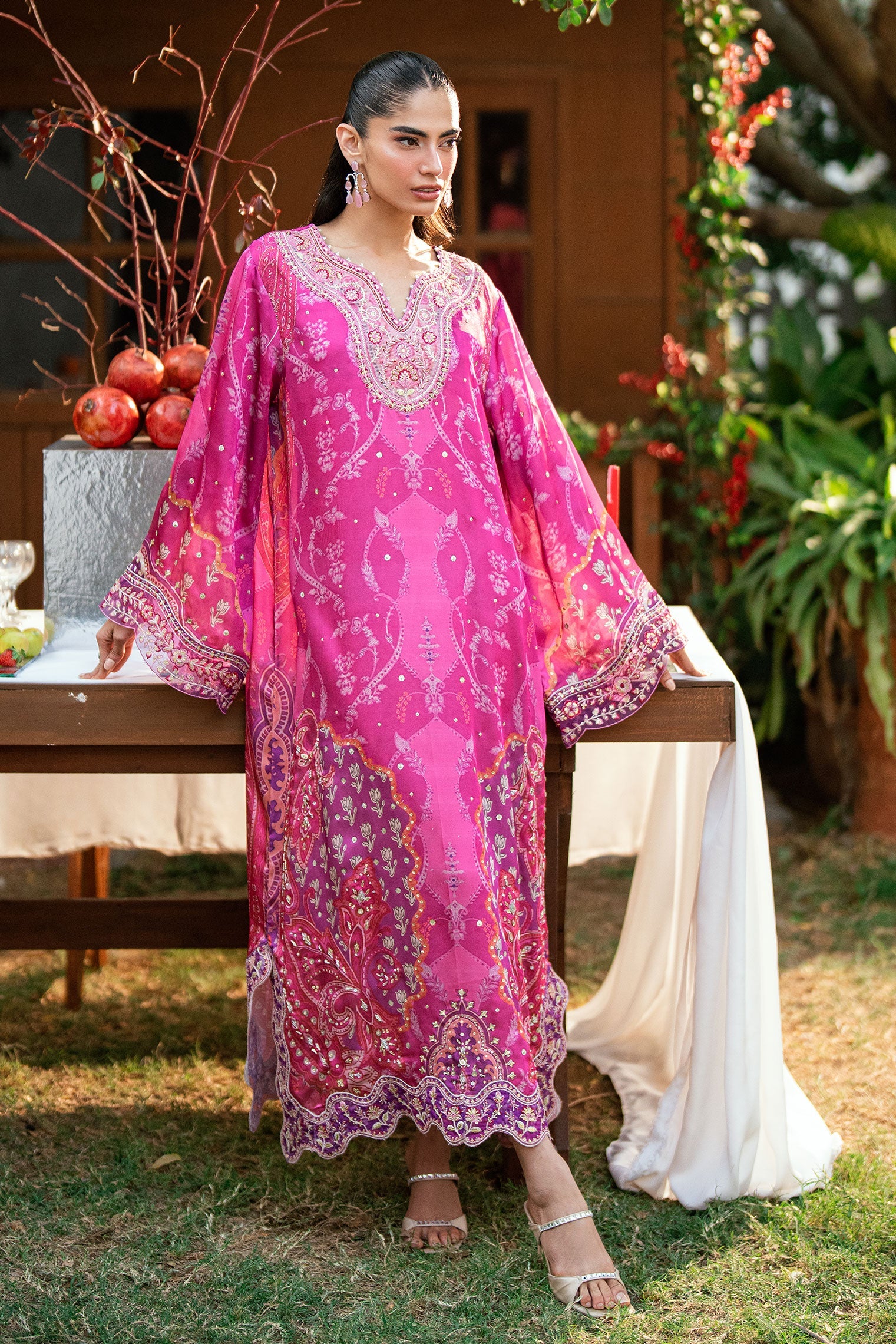 SS26DA-2915 DARK PINK -SILK TUNIC - 1PCS HAND EMBELLISHED  KAFTAN