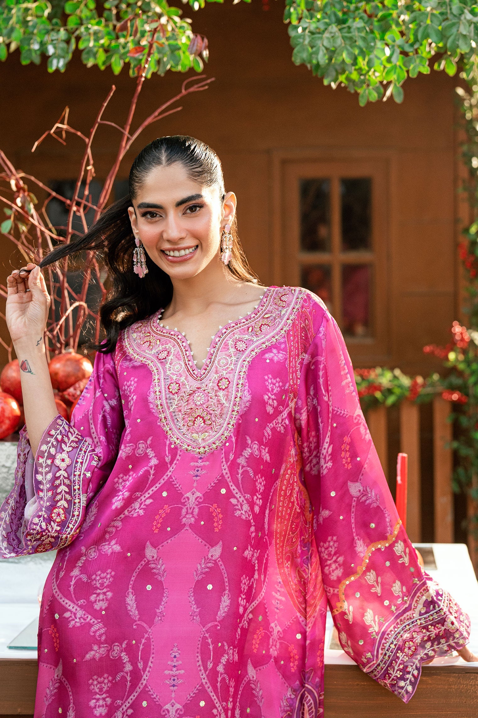 SS26DA-2915 DARK PINK -SILK TUNIC - 1PCS HAND EMBELLISHED  KAFTAN