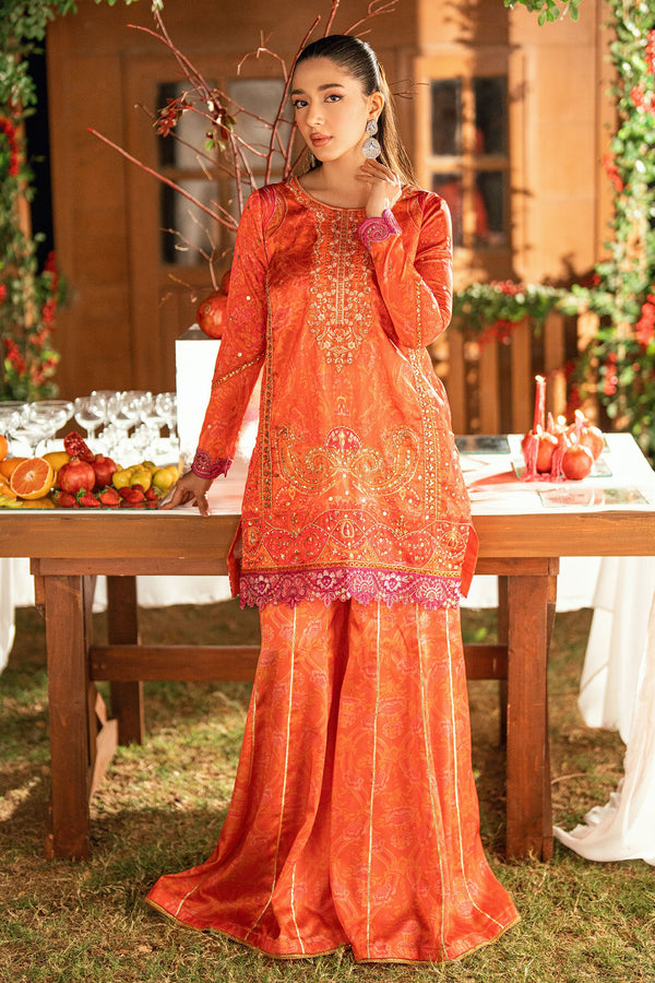 SS26DA-2916 ORANGE -SILK TUNIC- 2PCS HAND EMBELLISHED  SHIRT WITH TROUSER