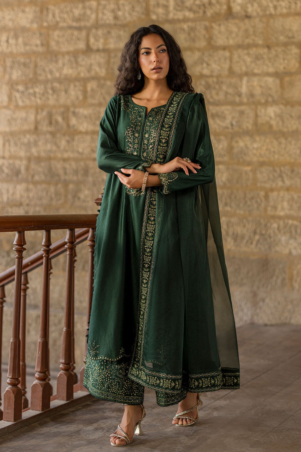 SS26DA-2922 GREEN 2PCS  EMBROIDERED KURTA WITH TROUSER