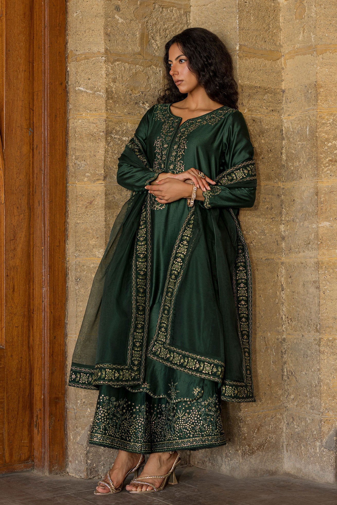 SS26DA-2922 GREEN 2PCS  EMBROIDERED KURTA WITH TROUSER