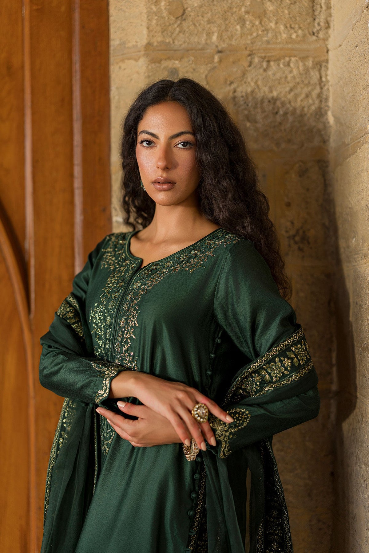 SS26DA-2922 GREEN 2PCS  EMBROIDERED KURTA WITH TROUSER