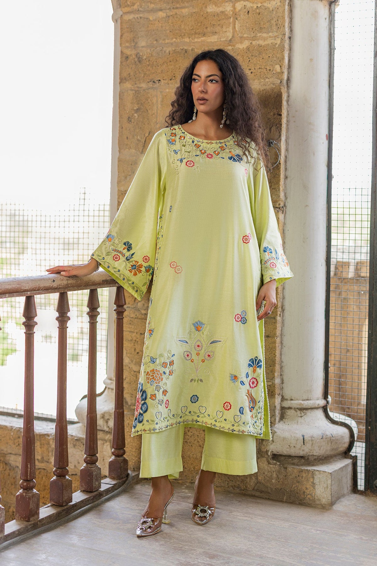 SS26DA-2925 NEON GREEN 2PCS  EMBROIDERED KURTA WITH TROUSER