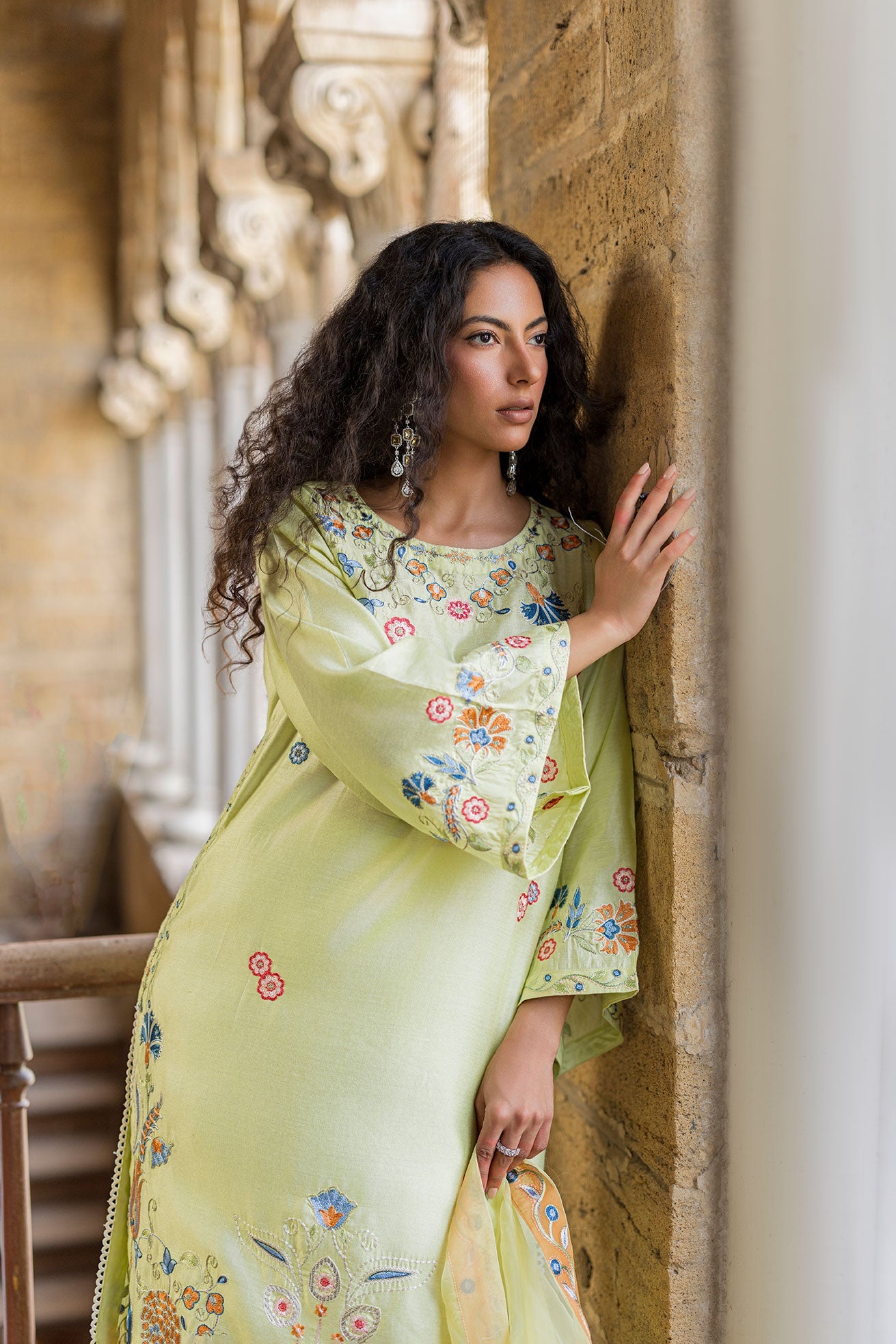 SS26DA-2925 NEON GREEN 2PCS  EMBROIDERED KURTA WITH TROUSER