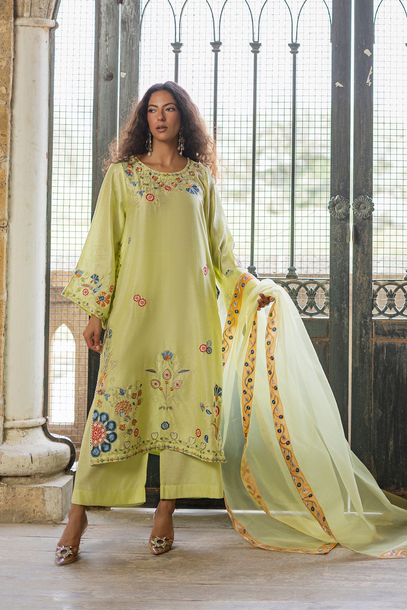 SS26DA-2925 NEON GREEN 2PCS  EMBROIDERED KURTA WITH TROUSER