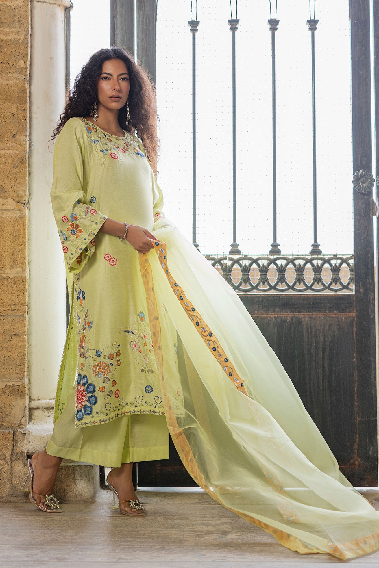 SS26DA-2925 NEON GREEN 2PCS  EMBROIDERED KURTA WITH TROUSER