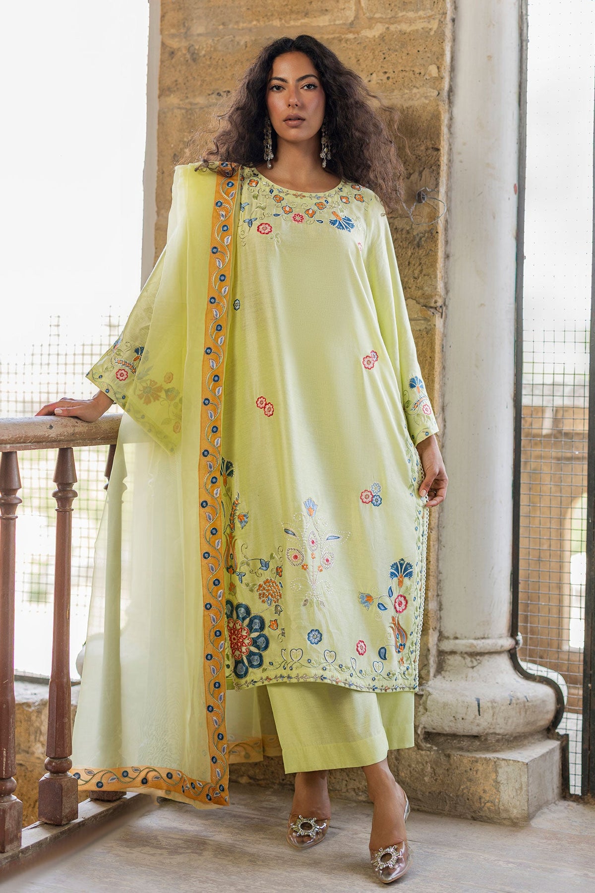 SS26DA-2925 NEON GREEN 2PCS  EMBROIDERED KURTA WITH TROUSER