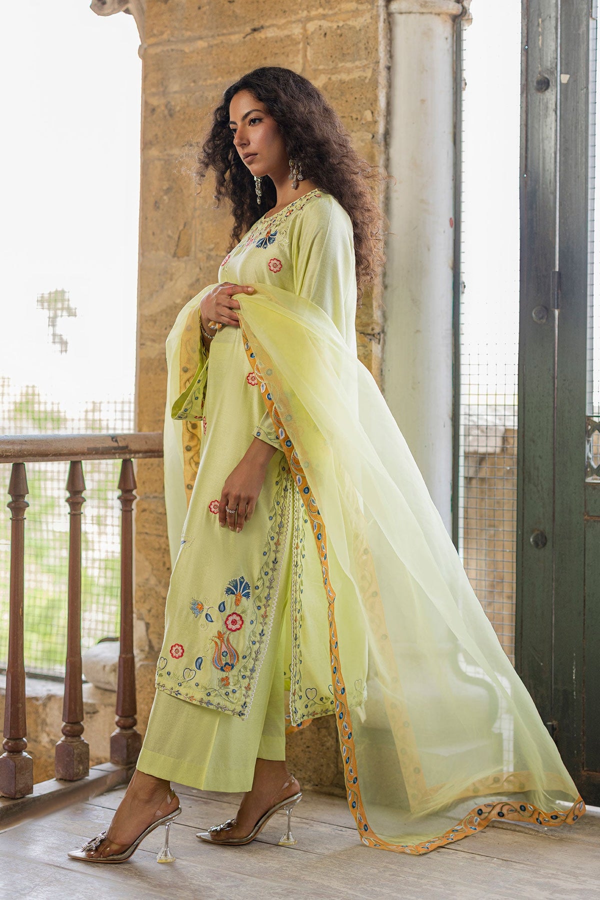 DUPATTA: SS26DD-2925  NEON GREEN EMBROIDED DUPATTA