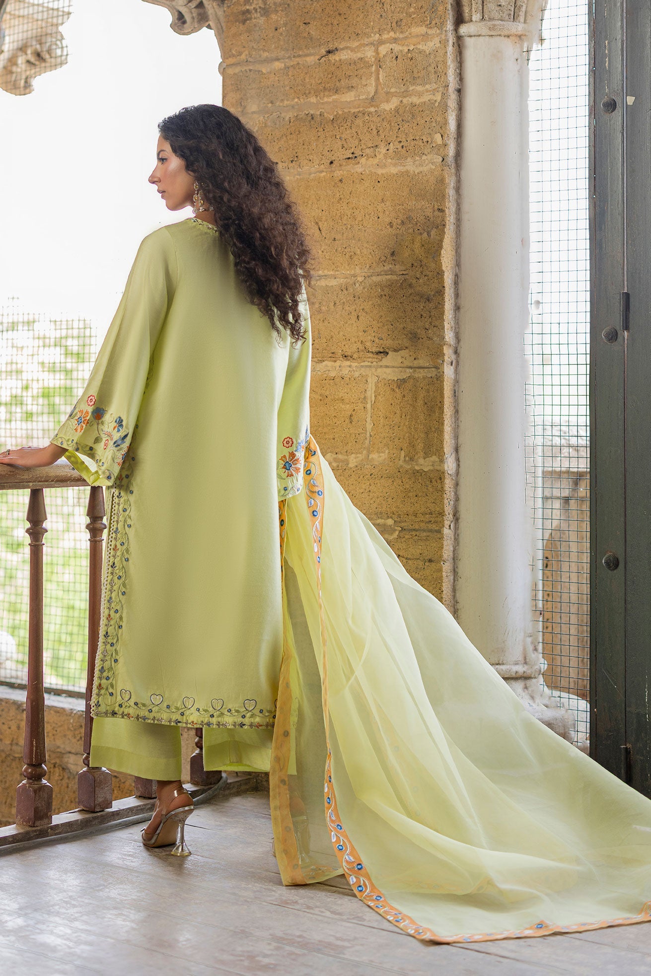 SS26DA-2925 NEON GREEN 2PCS  EMBROIDERED KURTA WITH TROUSER