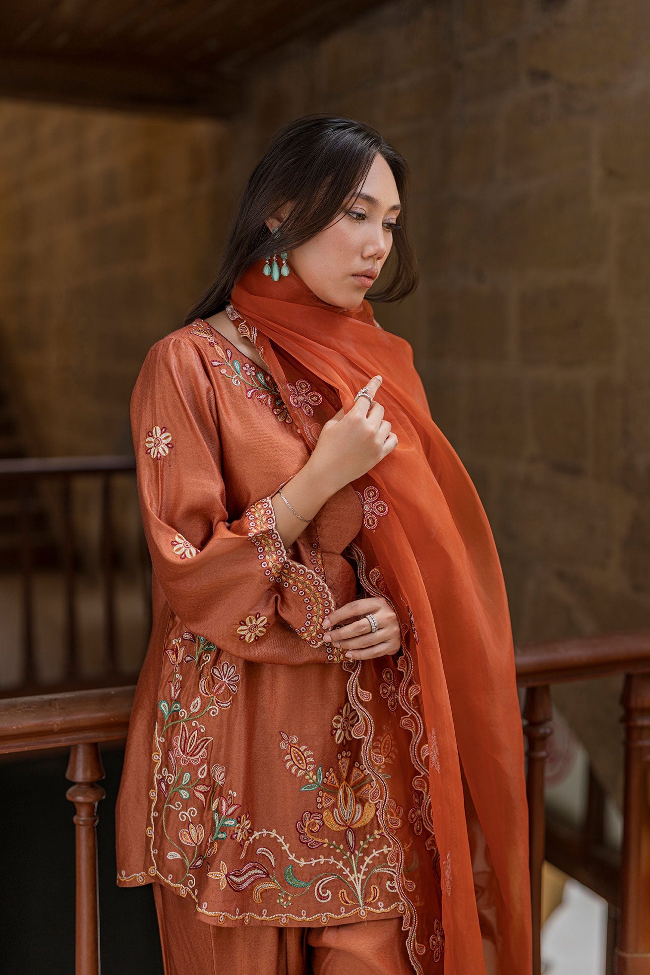 Ss26Da-2927 Rust 2Pcs Embroidered Kurta With Trouser