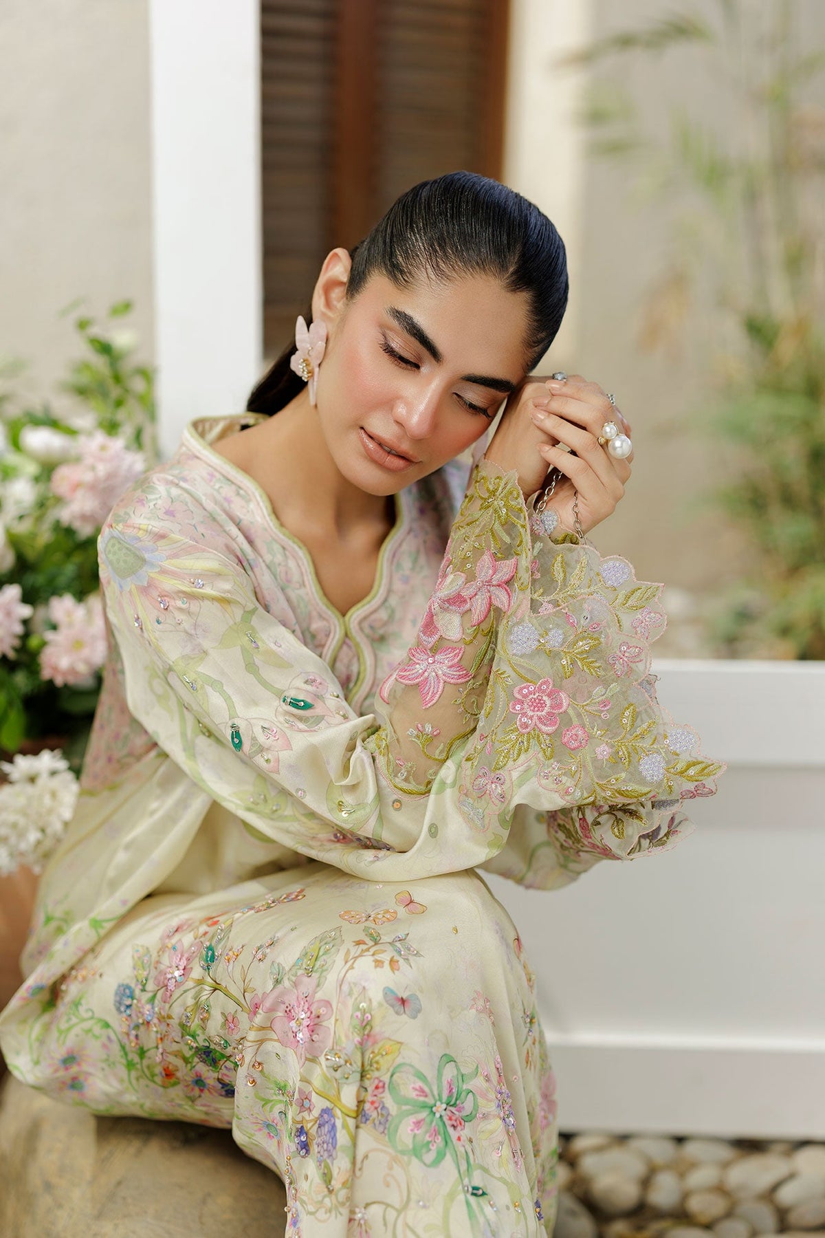 SS26DA-2931 L-GREEN -SILK TUNIC - 1PCS HAND EMBELLISHED  KAFTAN