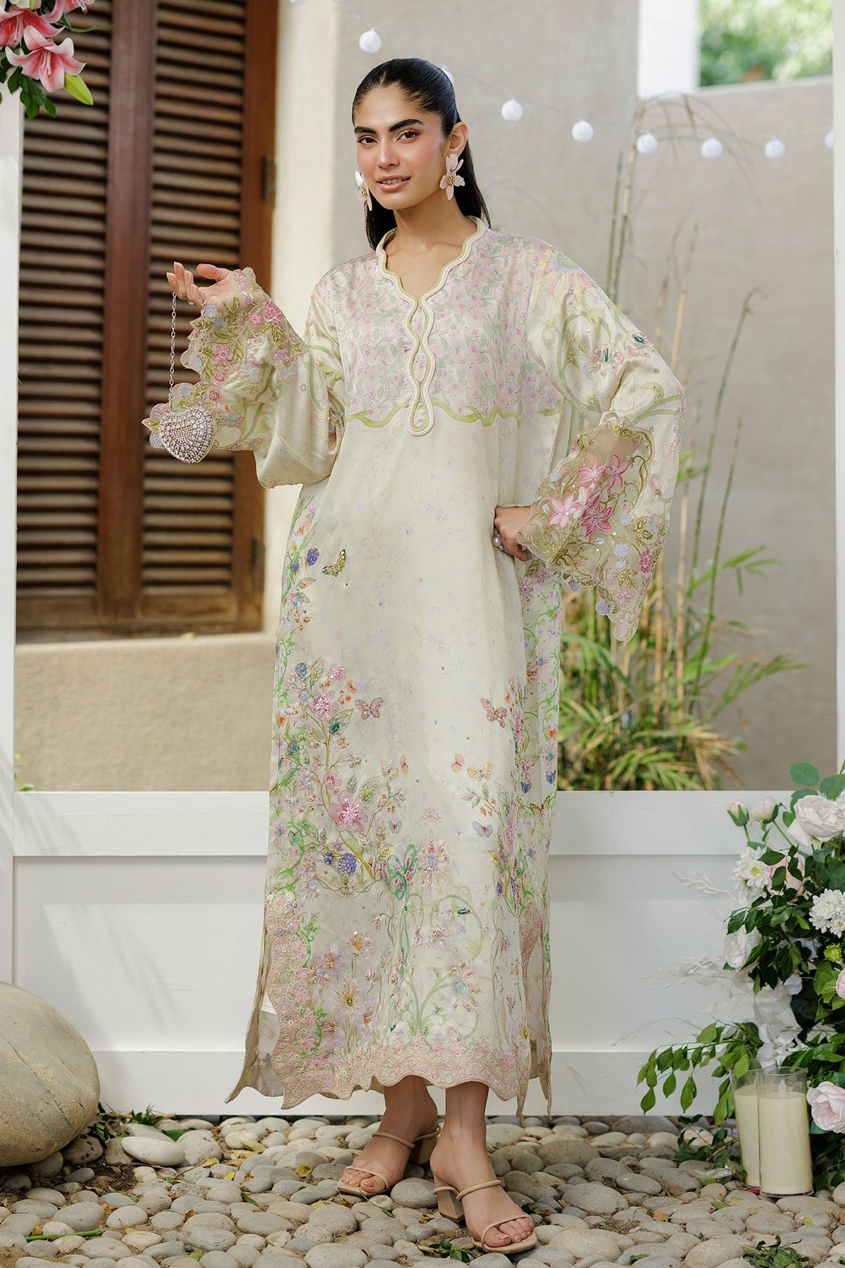 SS26DA-2931 L-GREEN -SILK TUNIC - 1PCS HAND EMBELLISHED  KAFTAN
