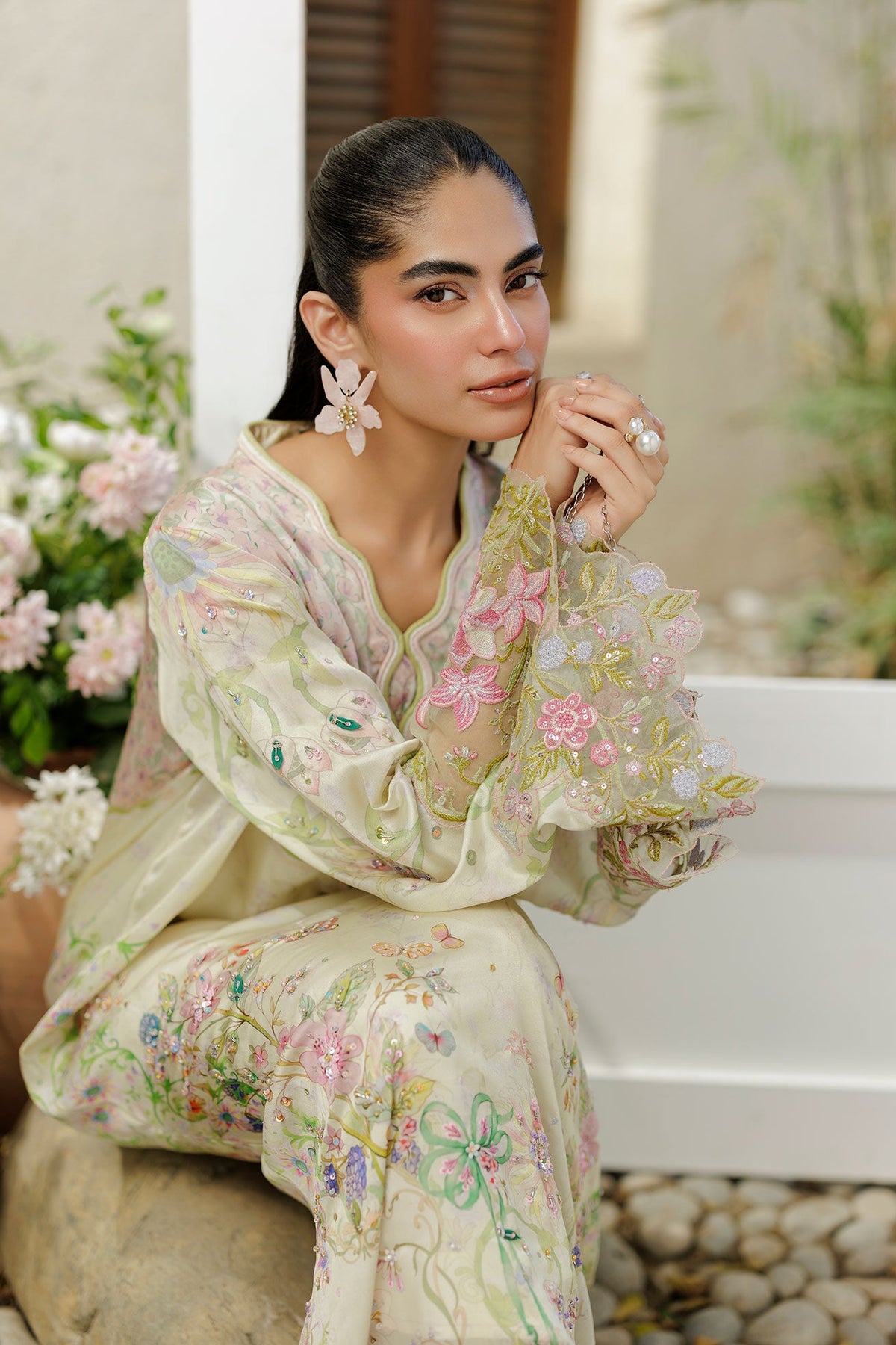 SS26DA-2931 L-GREEN -SILK TUNIC - 1PCS HAND EMBELLISHED  KAFTAN