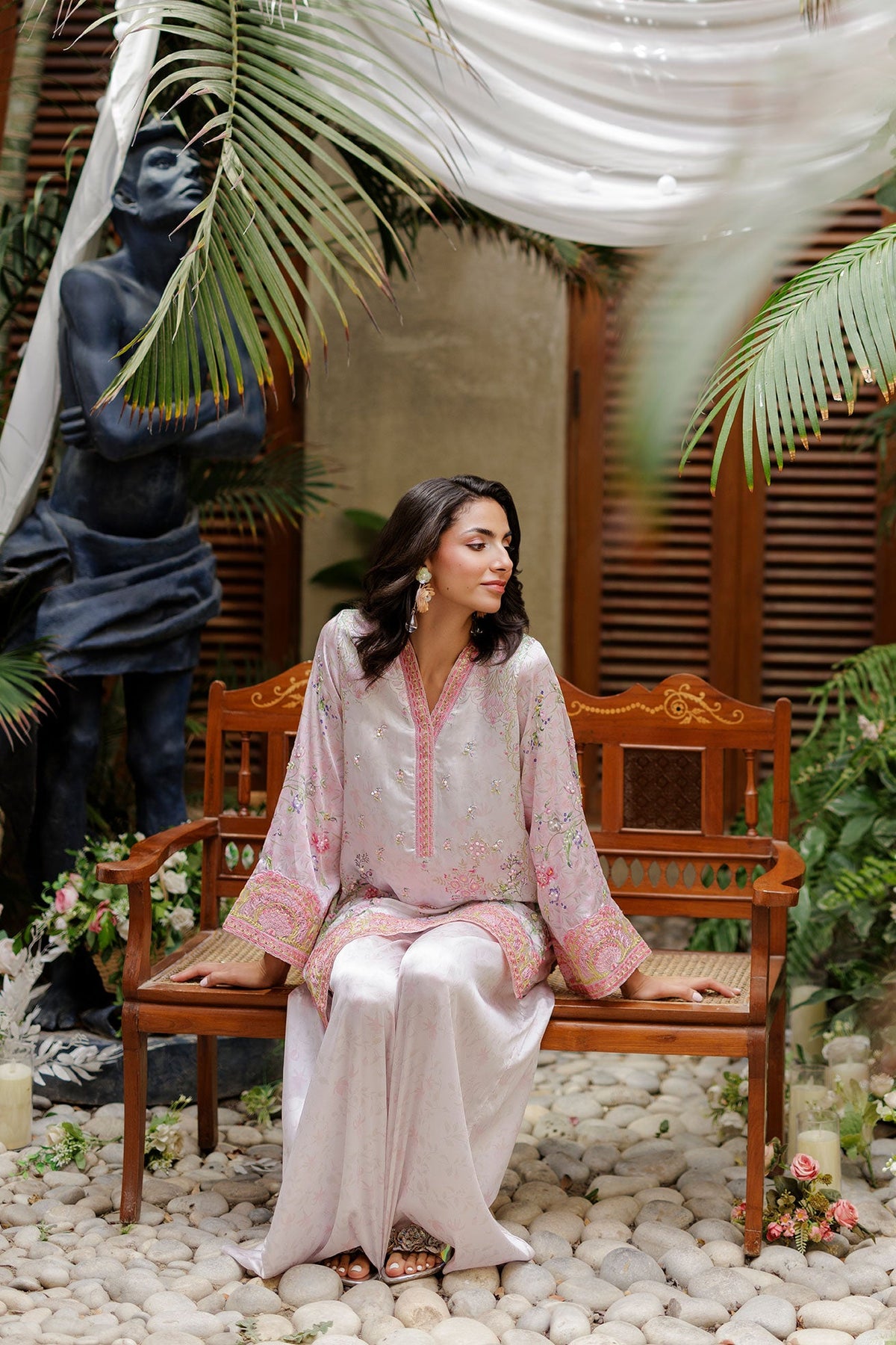 SS26DA-2933 L-PINK -SILK TUNIC- 2PCS HAND EMBELLISHED  SHIRT WITH TROUSER