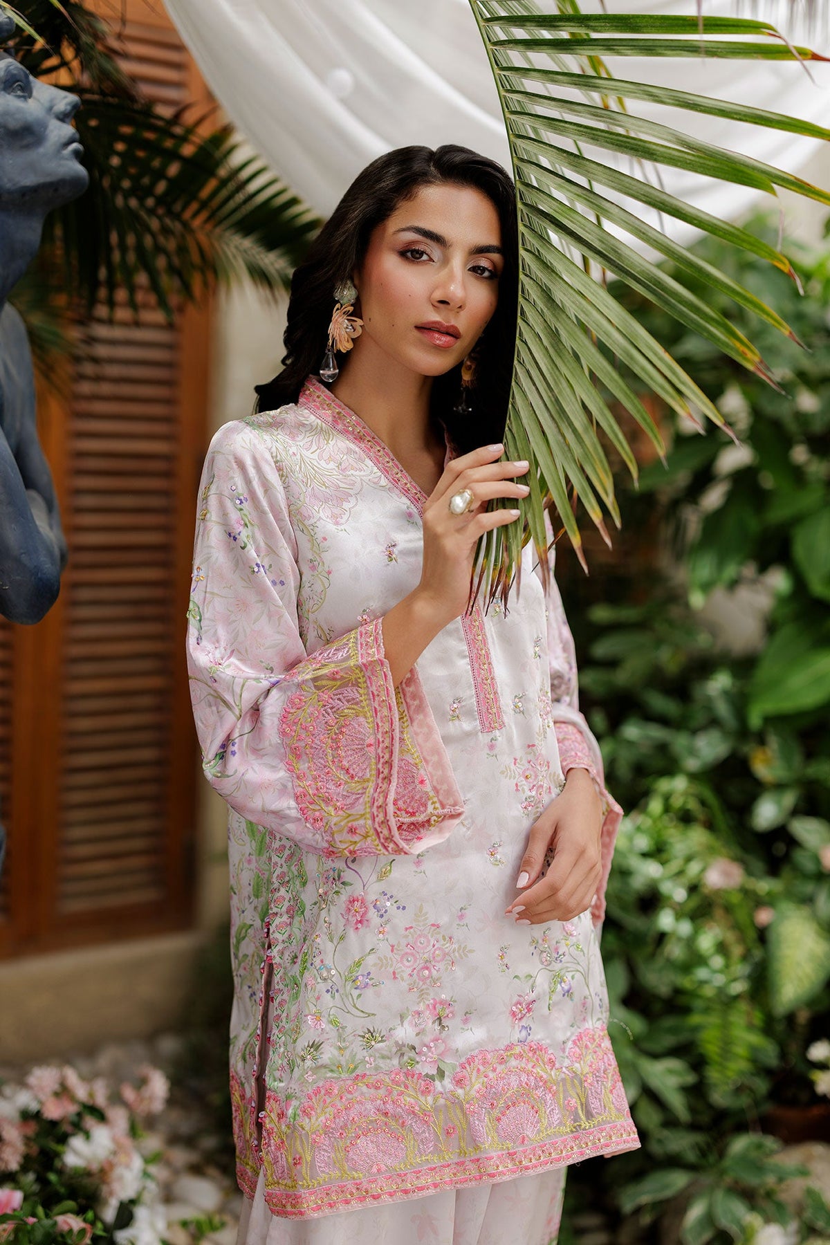 SS26DA-2933 L-PINK -SILK TUNIC- 2PCS HAND EMBELLISHED  SHIRT WITH TROUSER