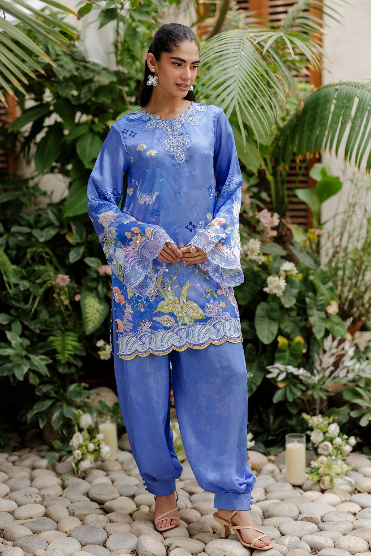 SS26DA-2934 BLUE -SILK TUNIC- 2PCS HAND EMBELLISHED  SHIRT WITH TROUSER