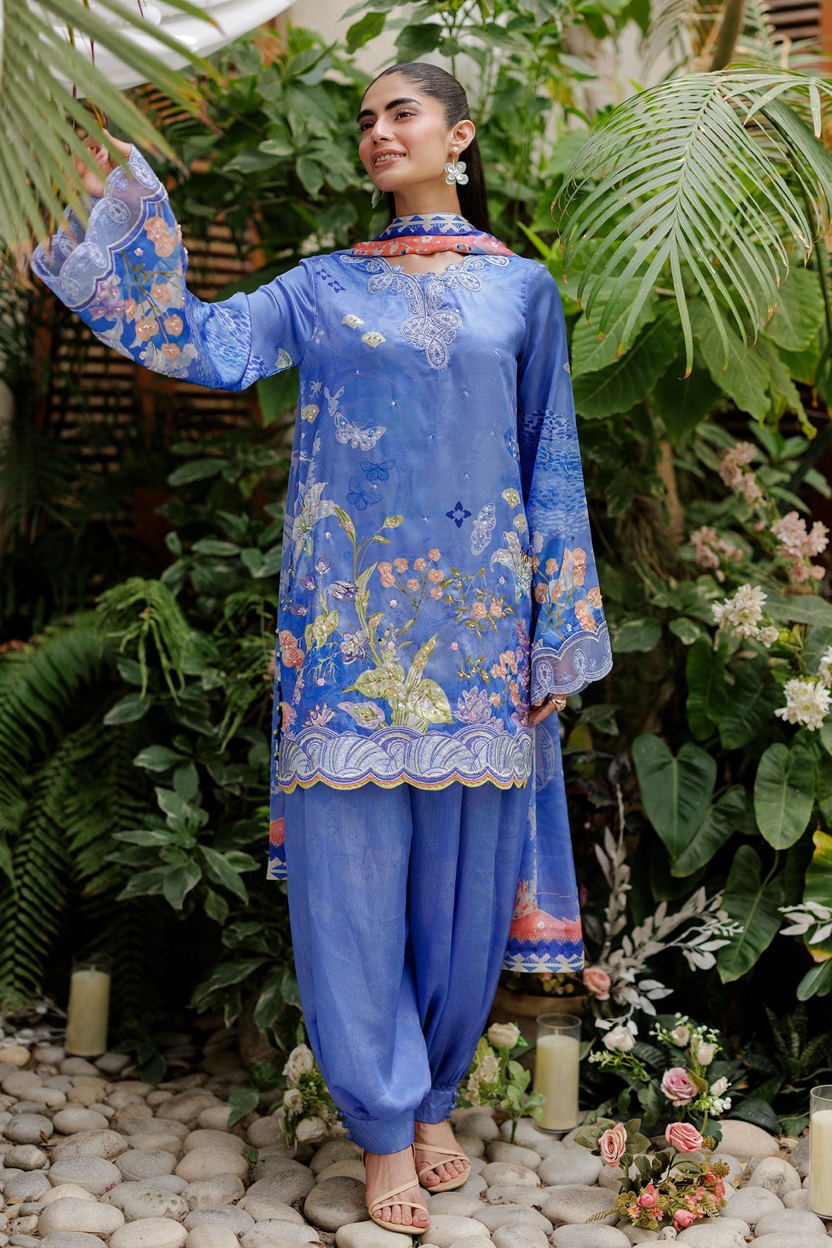 SS26DA-2934 BLUE -SILK TUNIC- 2PCS HAND EMBELLISHED  SHIRT WITH TROUSER