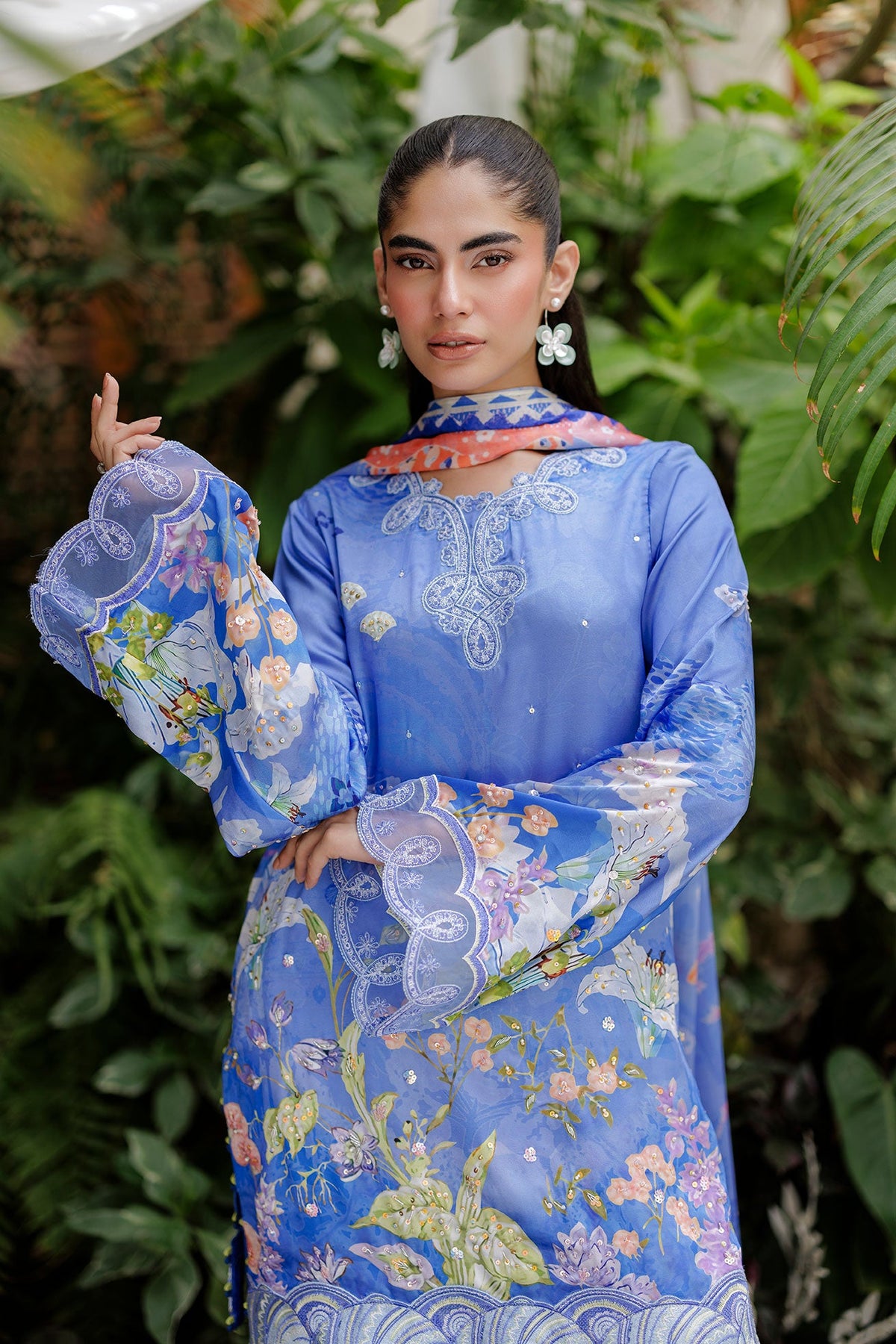SS26DA-2934 BLUE -SILK TUNIC- 2PCS HAND EMBELLISHED  SHIRT WITH TROUSER