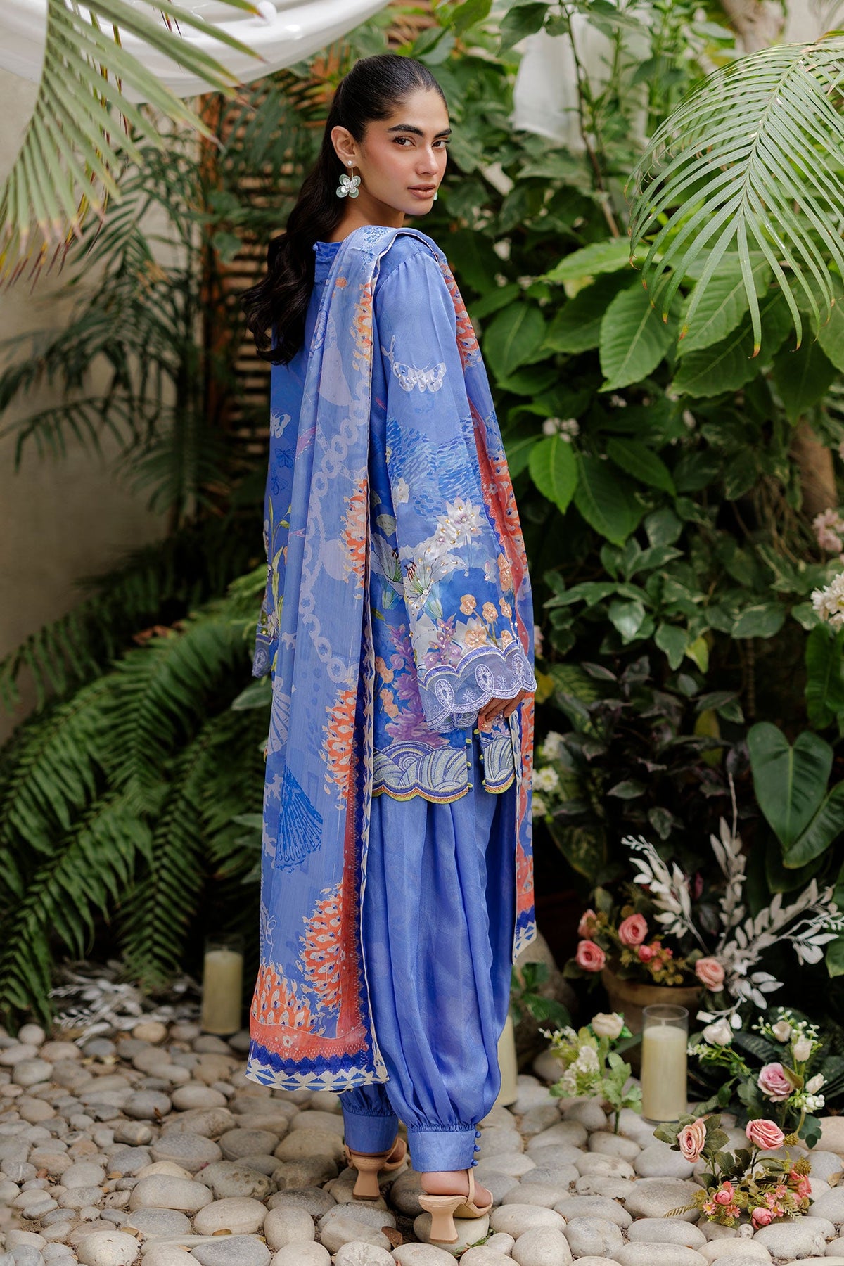 SS26DA-2934 BLUE -SILK TUNIC- 2PCS HAND EMBELLISHED  SHIRT WITH TROUSER