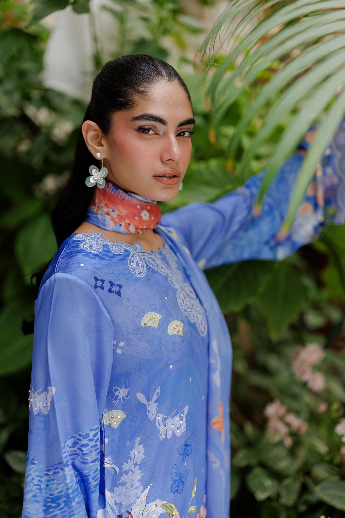 SS26DA-2934 BLUE -SILK TUNIC- 2PCS HAND EMBELLISHED  SHIRT WITH TROUSER