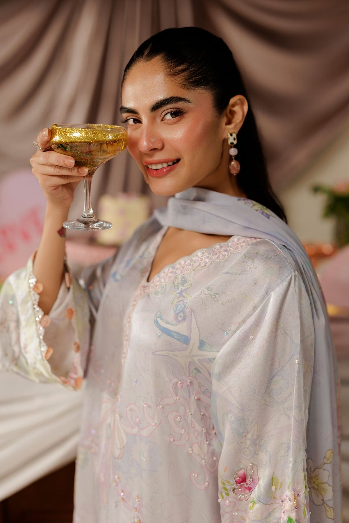 SS26DA-2935 LILAC -SILK TUNIC - 1PCS HAND EMBELLISHED  KAFTAN