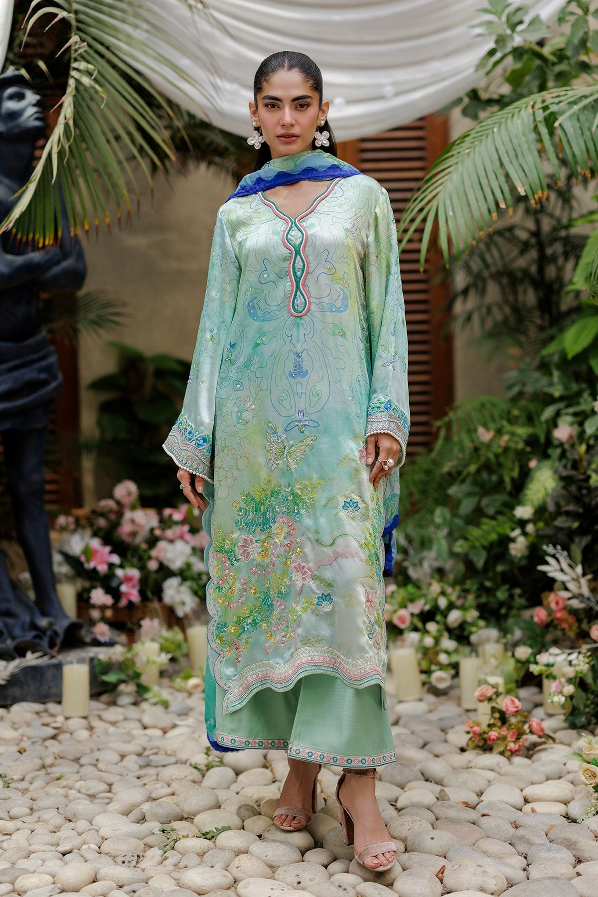 SS26DA-2937 GREEN -SILK TUNIC- 2PCS HAND EMBELLISHED  SHIRT WITH TROUSER