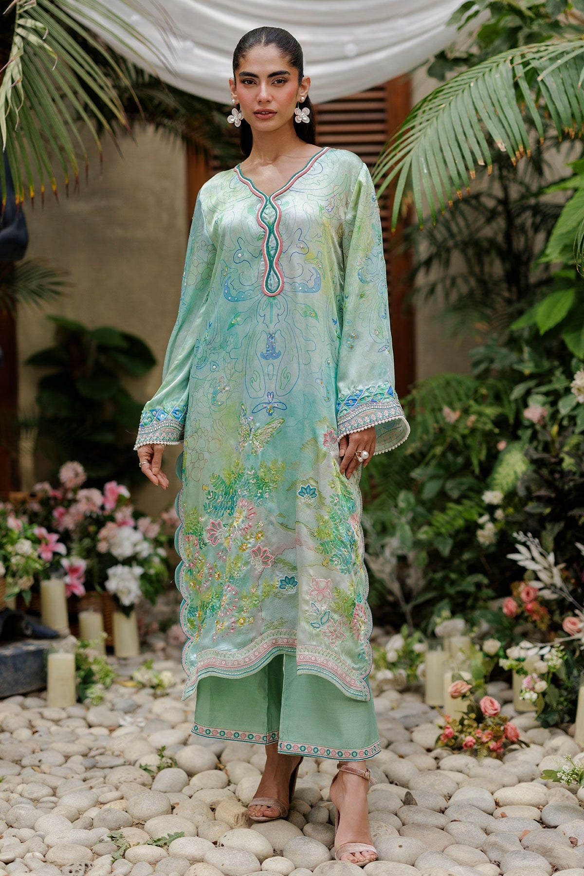 SS26DA-2937 GREEN -SILK TUNIC- 2PCS HAND EMBELLISHED  SHIRT WITH TROUSER