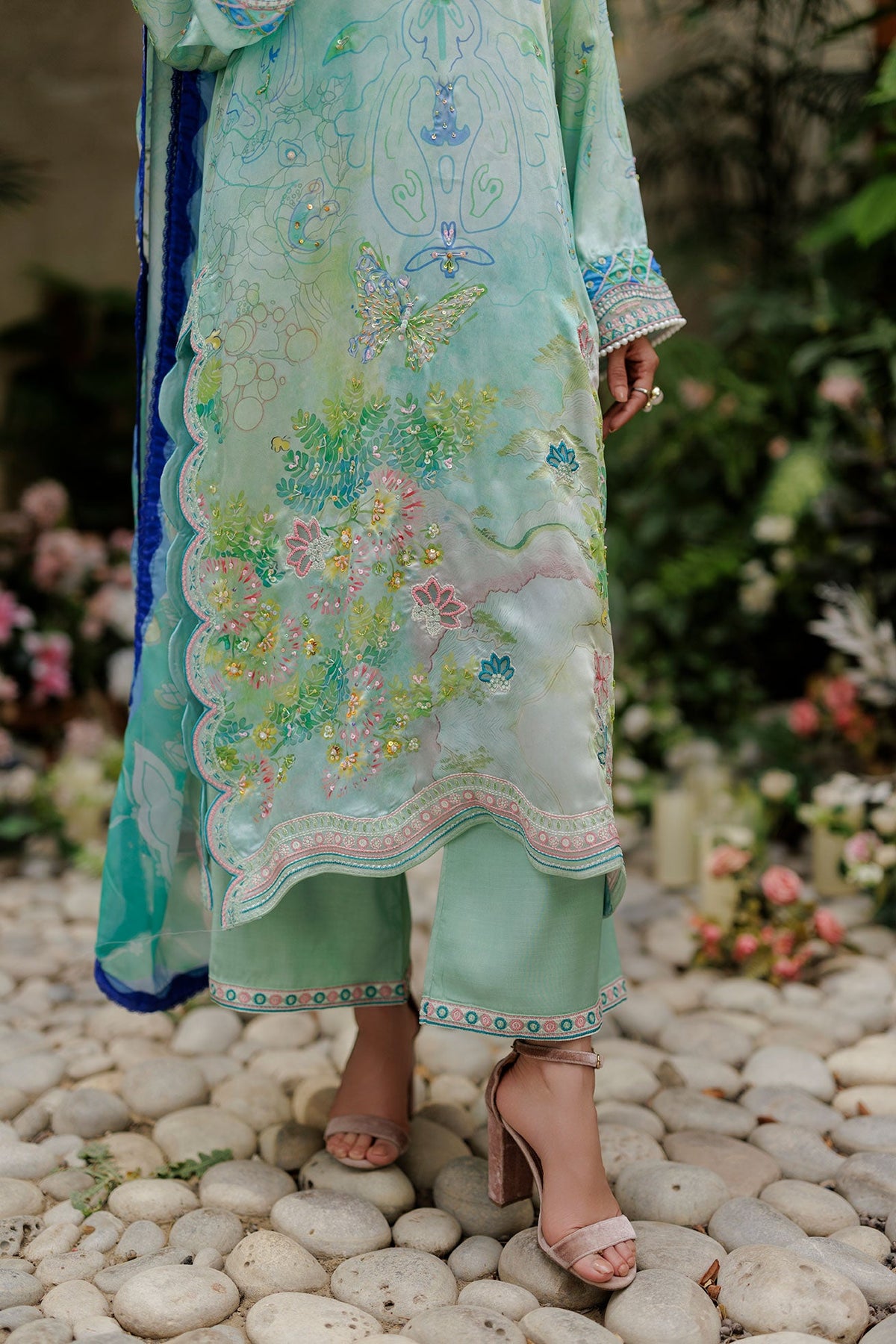 SS26DA-2937 GREEN -SILK TUNIC- 2PCS HAND EMBELLISHED  SHIRT WITH TROUSER