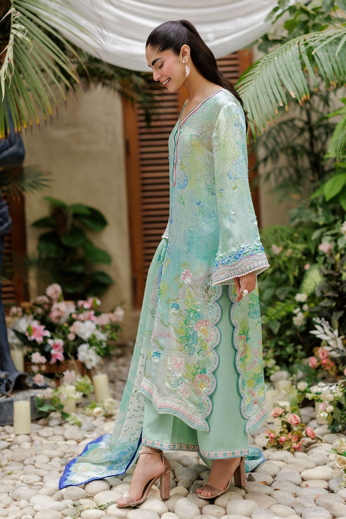 SS26DA-2937 GREEN -SILK TUNIC- 2PCS HAND EMBELLISHED  SHIRT WITH TROUSER
