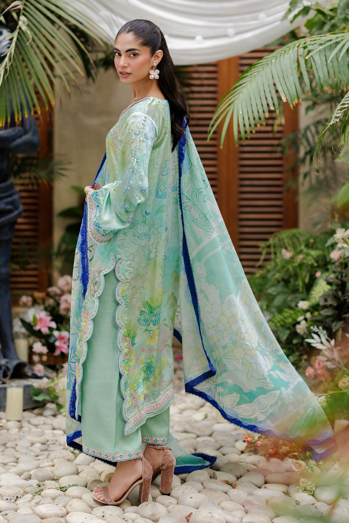 SS26DA-2937 GREEN -SILK TUNIC- 2PCS HAND EMBELLISHED  SHIRT WITH TROUSER