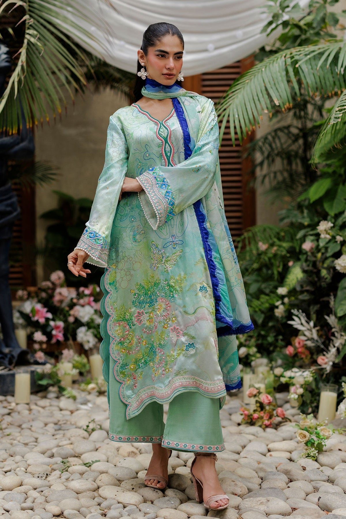 SS26DA-2937 GREEN -SILK TUNIC- 2PCS HAND EMBELLISHED  SHIRT WITH TROUSER