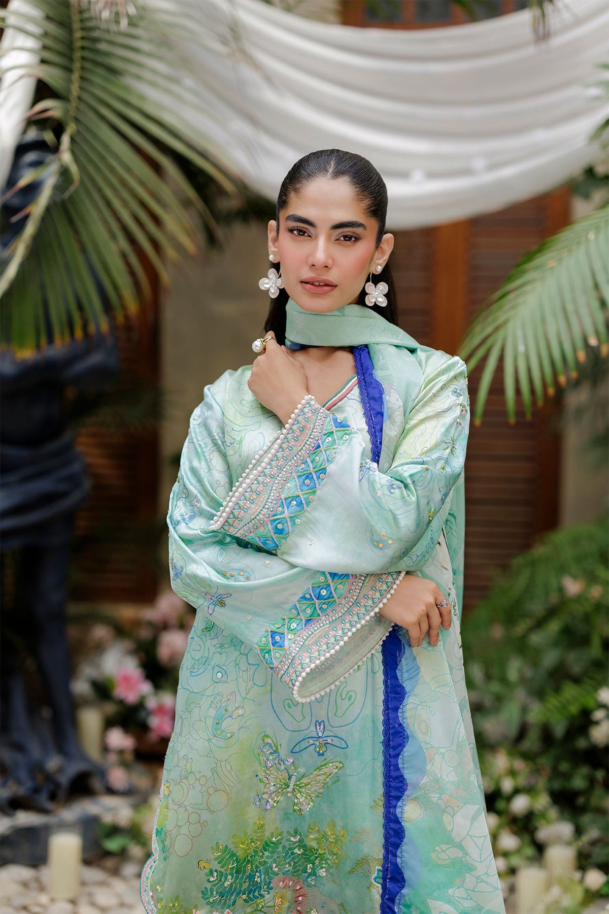 SS26DA-2937 GREEN -SILK TUNIC- 2PCS HAND EMBELLISHED  SHIRT WITH TROUSER