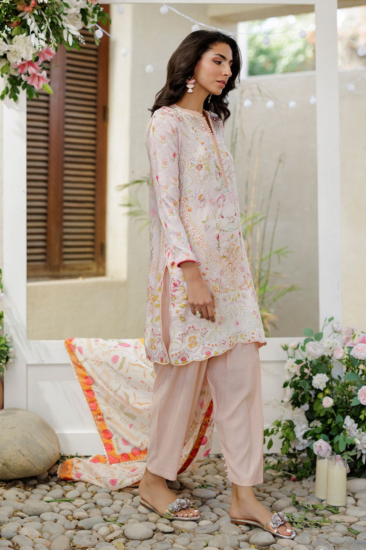 SS26DA-2938 PEACH -SILK TUNIC- 2PCS HAND EMBELLISHED  SHIRT WITH TROUSER