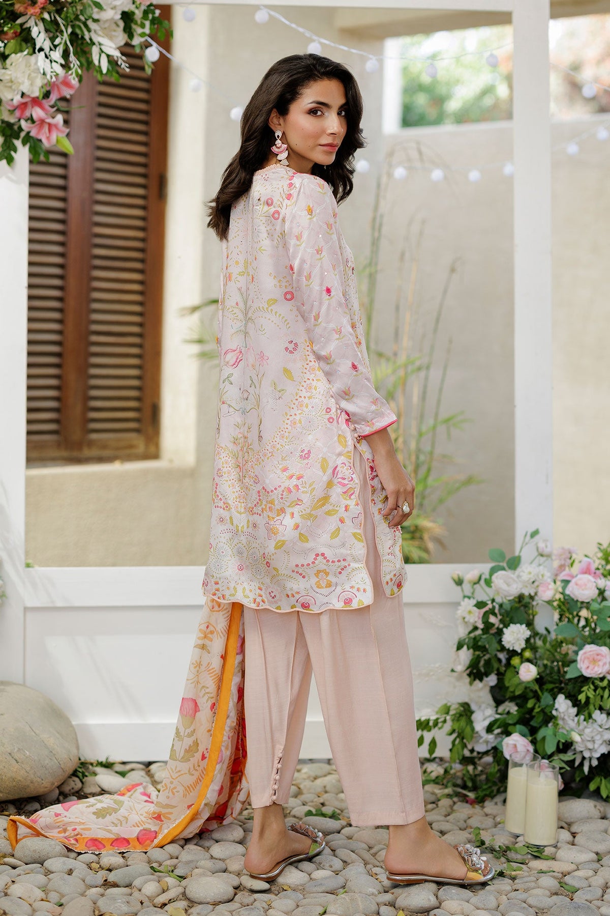 SS26DA-2938 PEACH -SILK TUNIC- 2PCS HAND EMBELLISHED  SHIRT WITH TROUSER