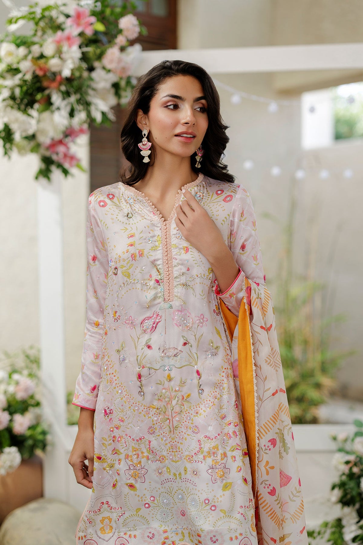 SS26DA-2938 PEACH -SILK TUNIC- 2PCS HAND EMBELLISHED  SHIRT WITH TROUSER