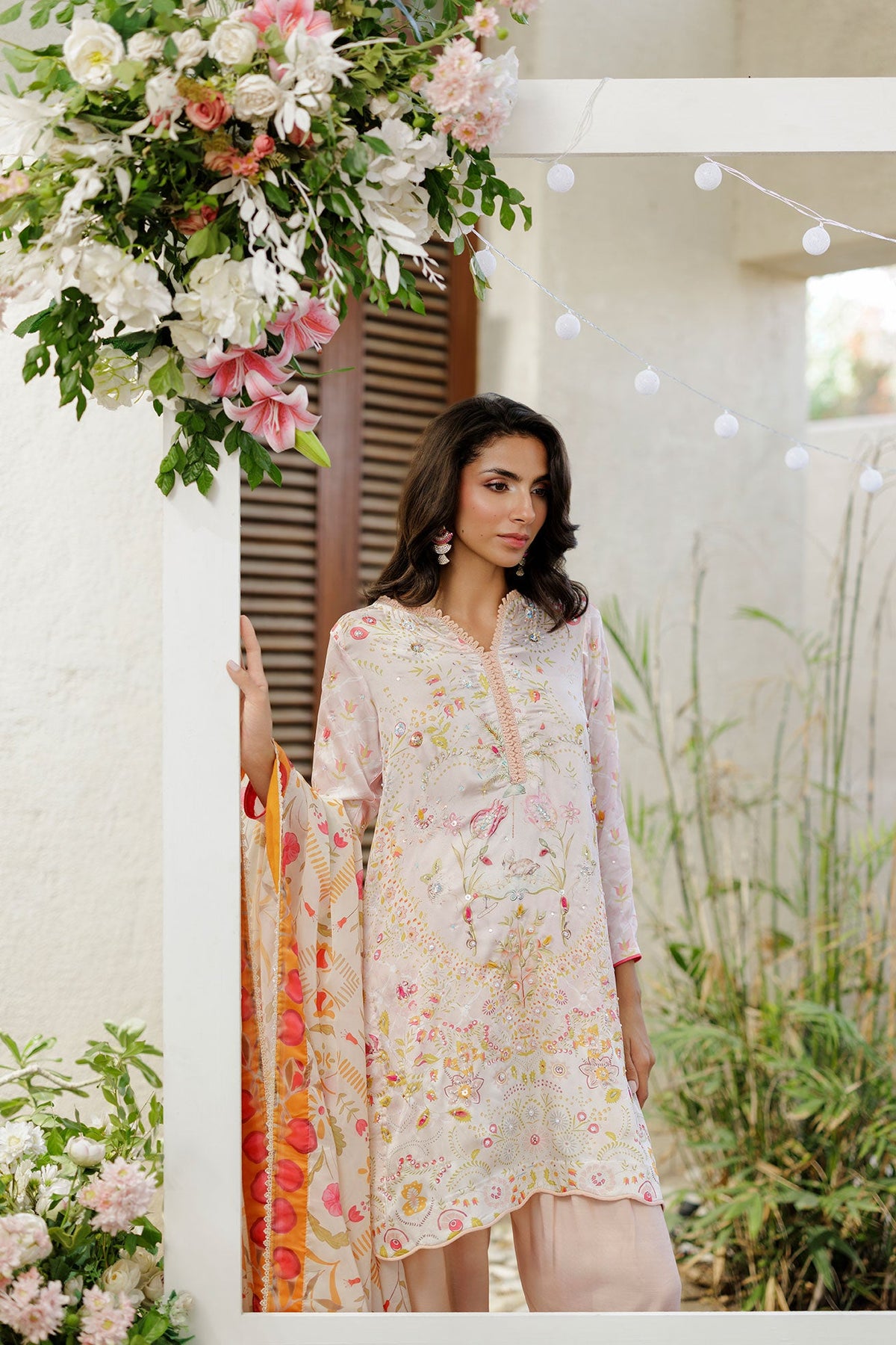 SS26DA-2938 PEACH -SILK TUNIC- 2PCS HAND EMBELLISHED  SHIRT WITH TROUSER