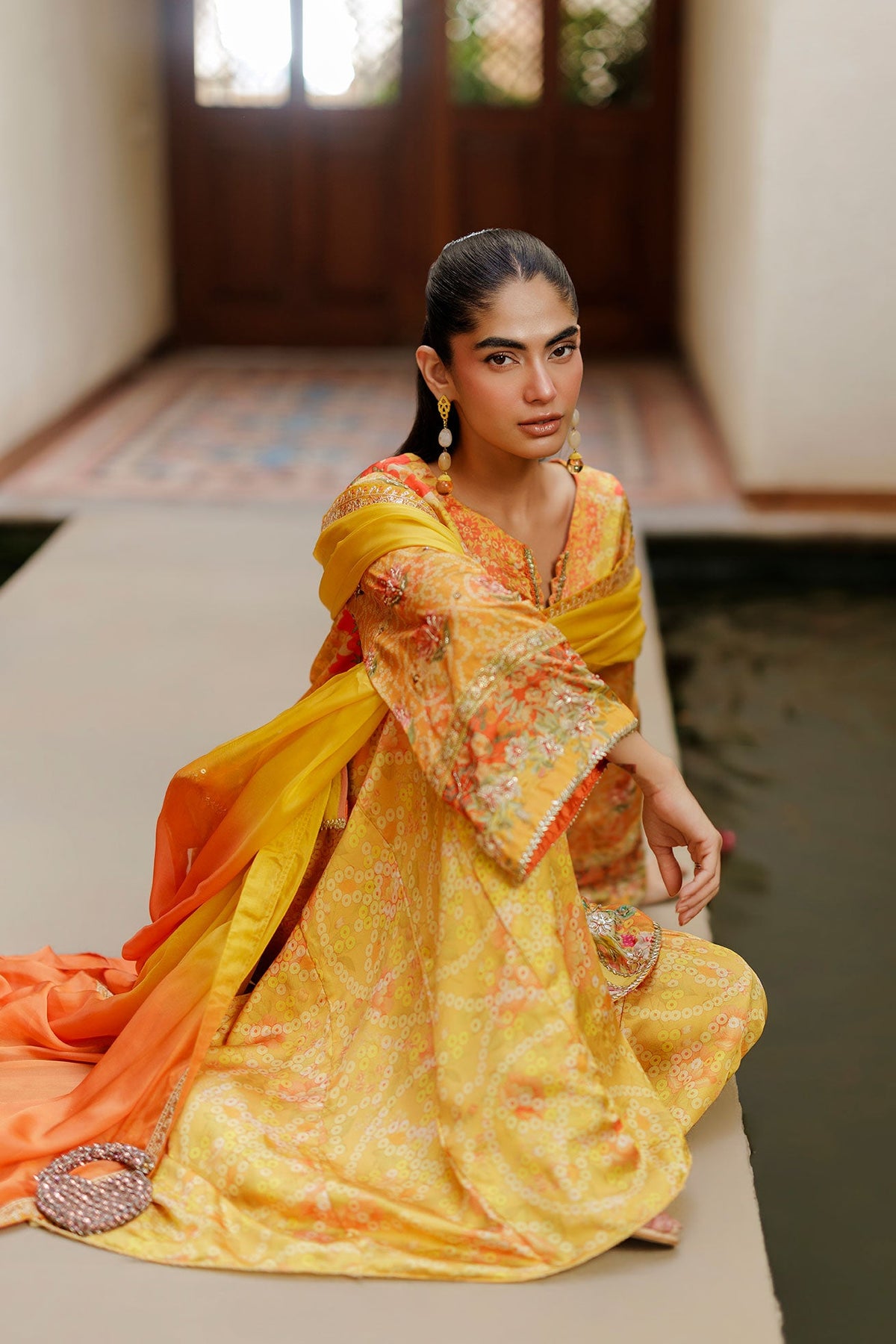 SS26DD-2939 ORANGE TIE DYE EMBROIDERY DUPATTA