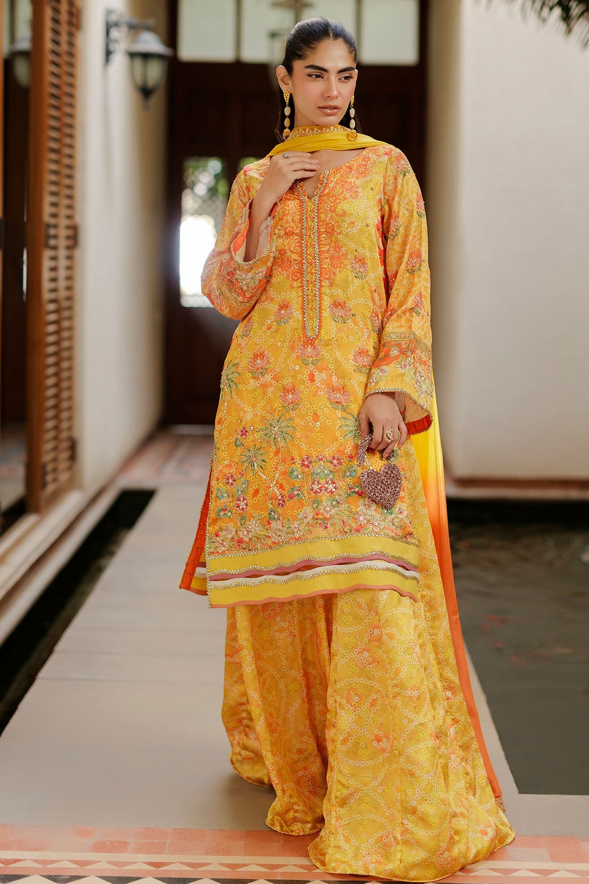 SS26DA-2939 YELLOW -SILK TUNIC- 2PCS HAND EMBELLISHED  SHIRT WITH TROUSER