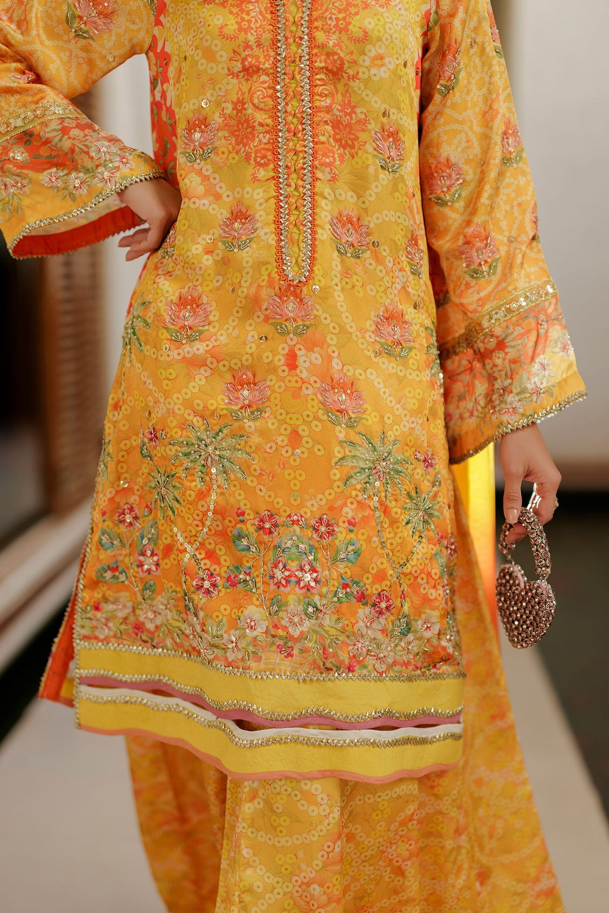 SS26DA-2939 YELLOW -SILK TUNIC- 2PCS HAND EMBELLISHED  SHIRT WITH TROUSER