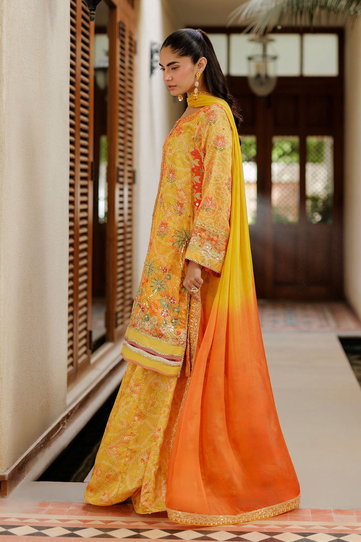SS26DD-2939 ORANGE TIE DYE EMBROIDERY DUPATTA