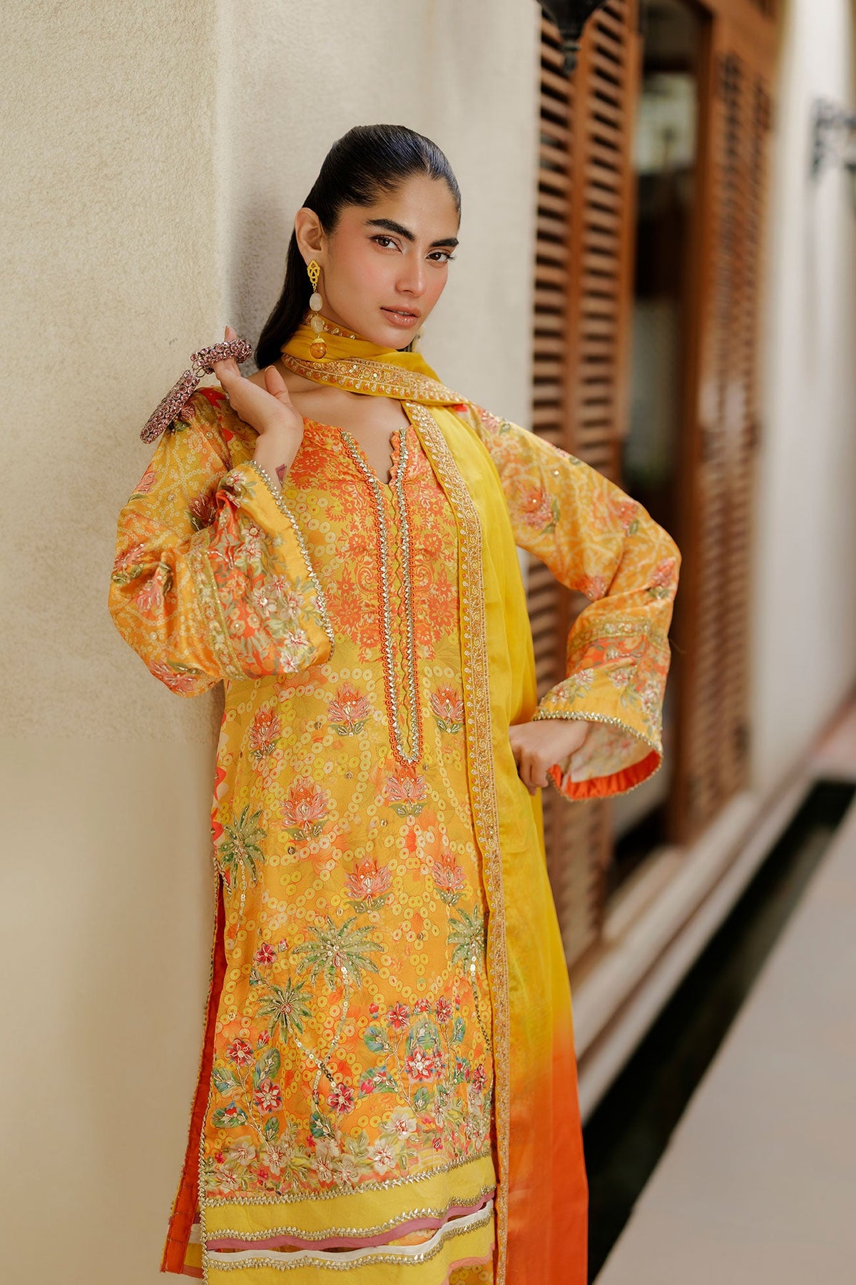 SS26DA-2939 YELLOW -SILK TUNIC- 2PCS HAND EMBELLISHED  SHIRT WITH TROUSER