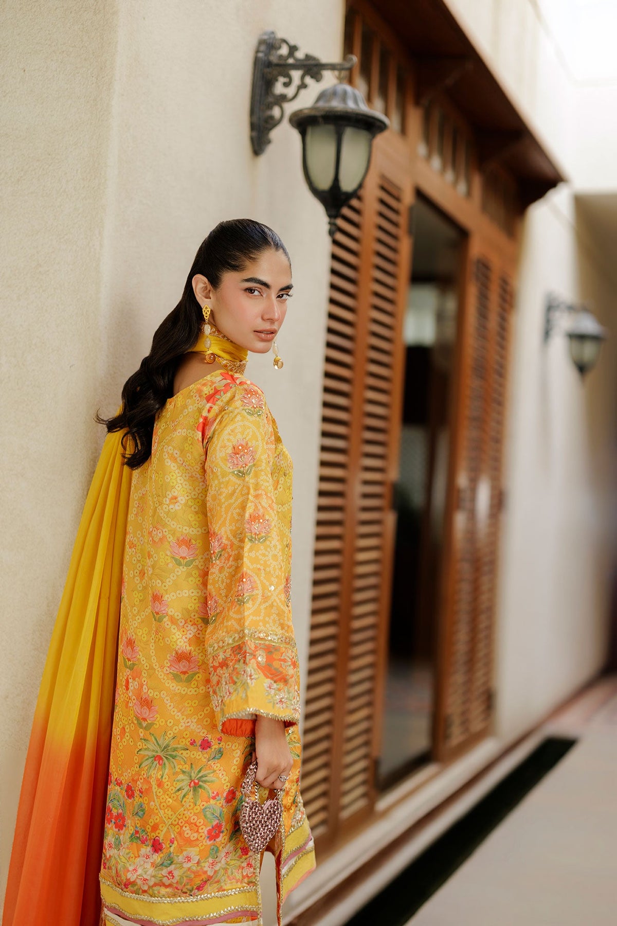 SS26DA-2939 YELLOW -SILK TUNIC- 2PCS HAND EMBELLISHED  SHIRT WITH TROUSER